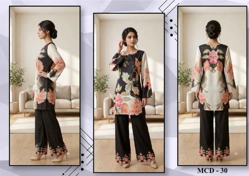 Modern Co Ord Set Vol 5 By Jisha Dull Satin Printed Co Ord Set